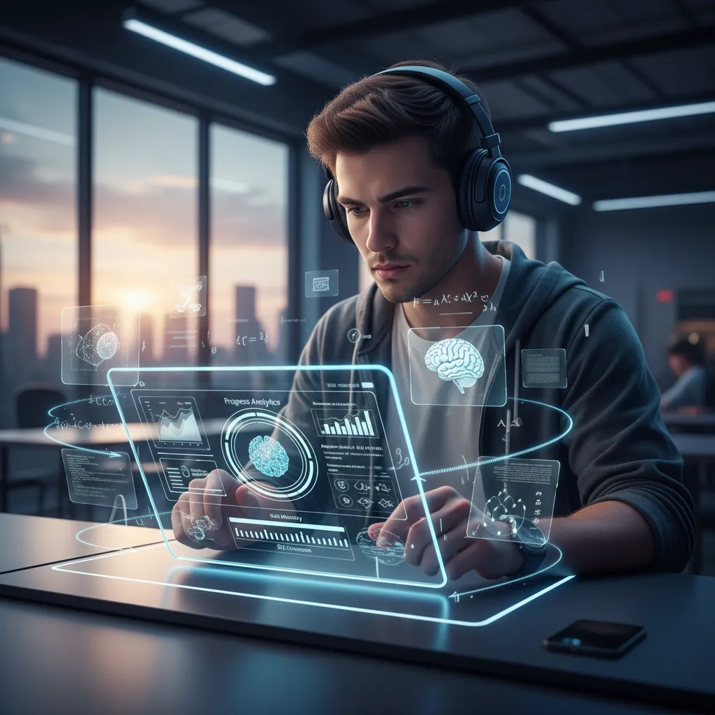 Student using a tablet with an AI personalized learning dashboard