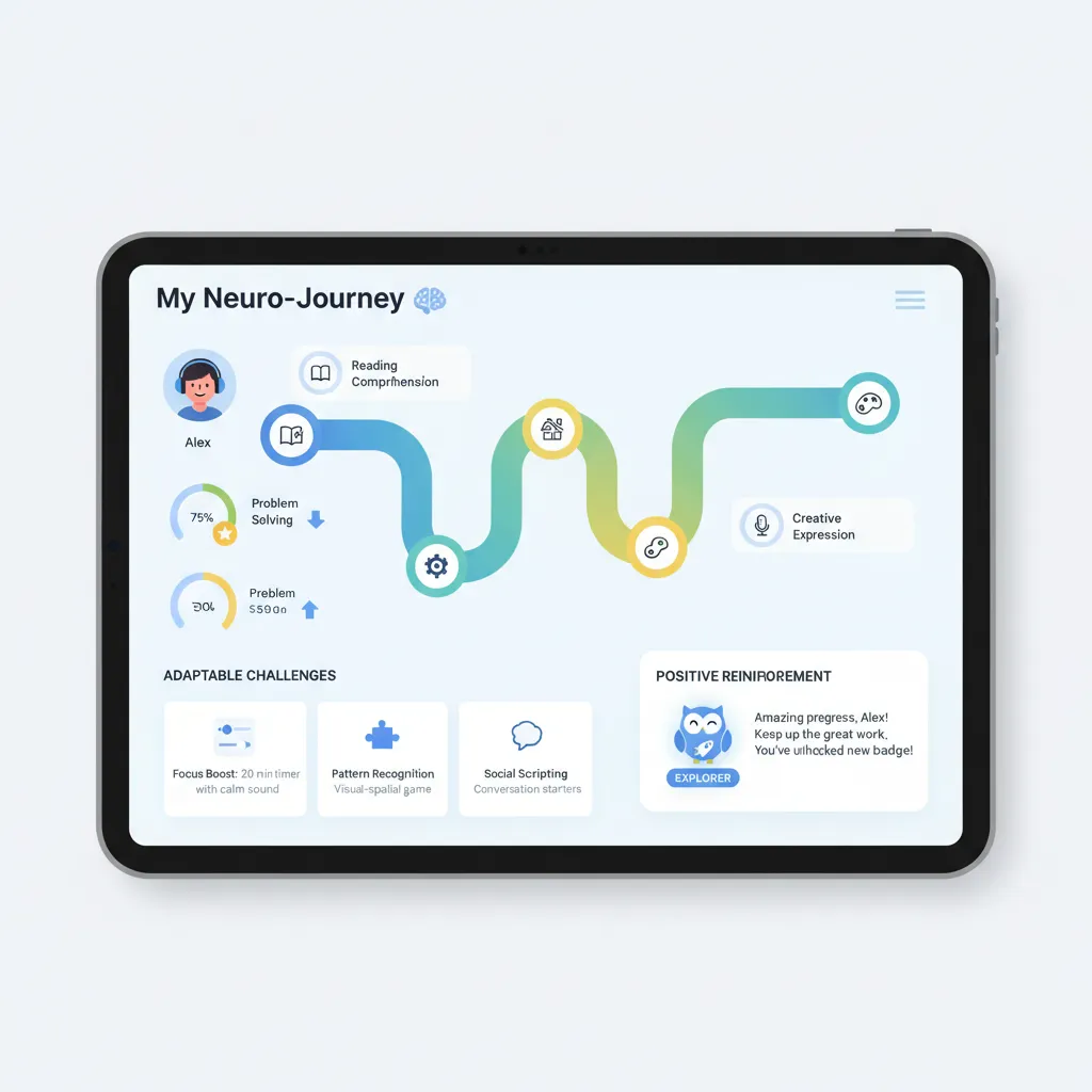 A digital dashboard showing a personalized AI learning pathway for a student with progress trackers and adaptive modules