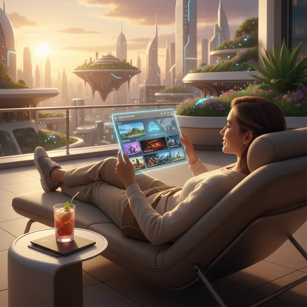 Person viewing a personalized travel itinerary on a futuristic tablet, guided by AI.