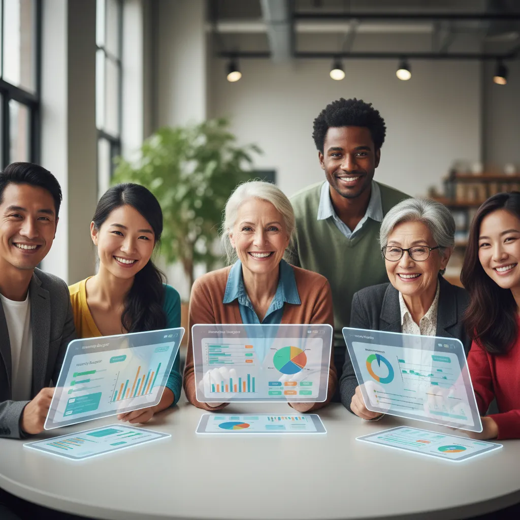 A user happily interacting with a personalized finance dashboard on their tablet, showcasing charts and goals.