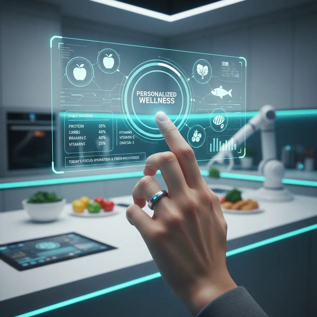Hand with smart ring interacting with holographic personalized nutrition display