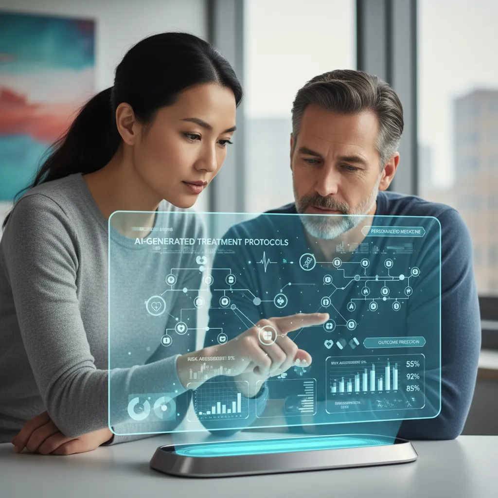 Doctor and patient viewing AI-generated holographic treatment plan