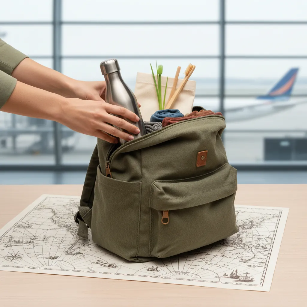 Traveler packing reusable items for a plastic-free trip.