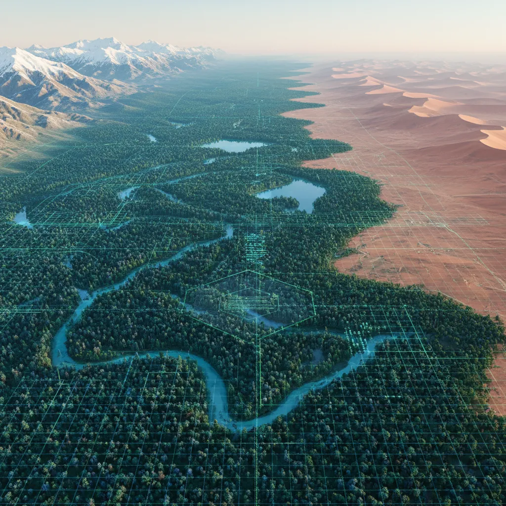 Aerial view of a natural reserve with advanced AI monitoring systems tracking animal movements and environmental changes.