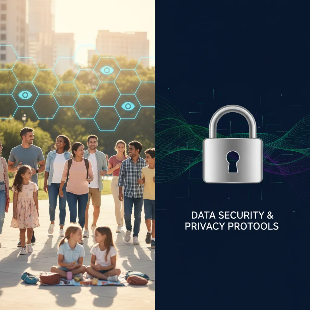 Split image showing safe city parks and data privacy padlock
