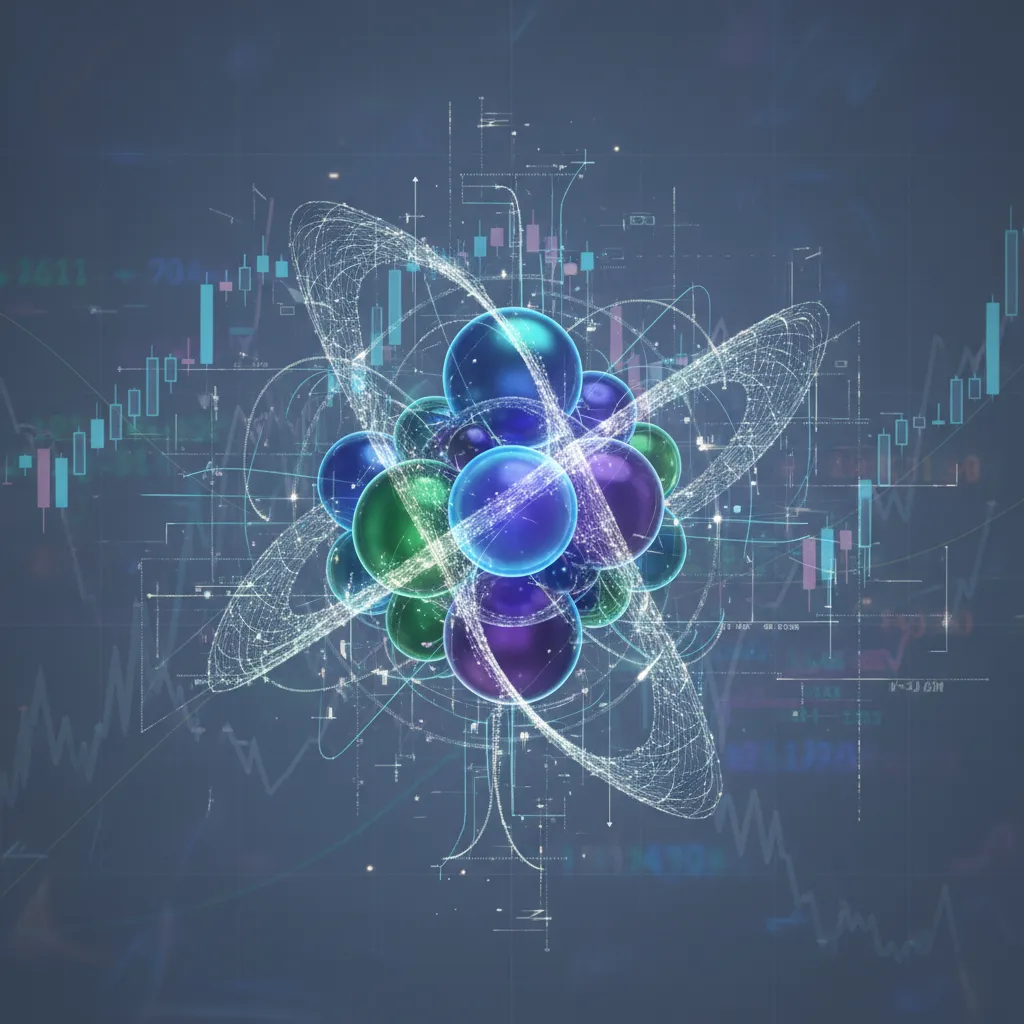 An abstract visualization of a quantum algorithm processing complex financial data streams