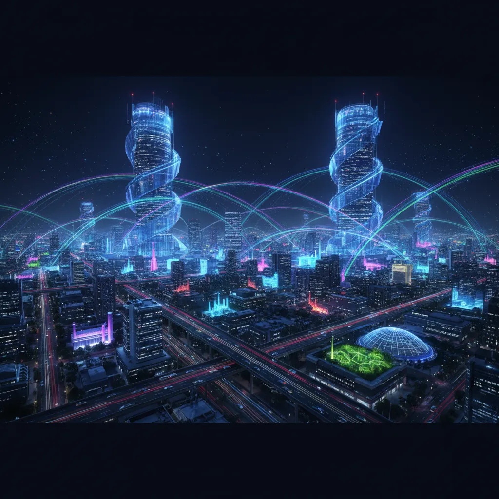 Futuristic cityscape at night with data centers, symbolizing quantum computing impact