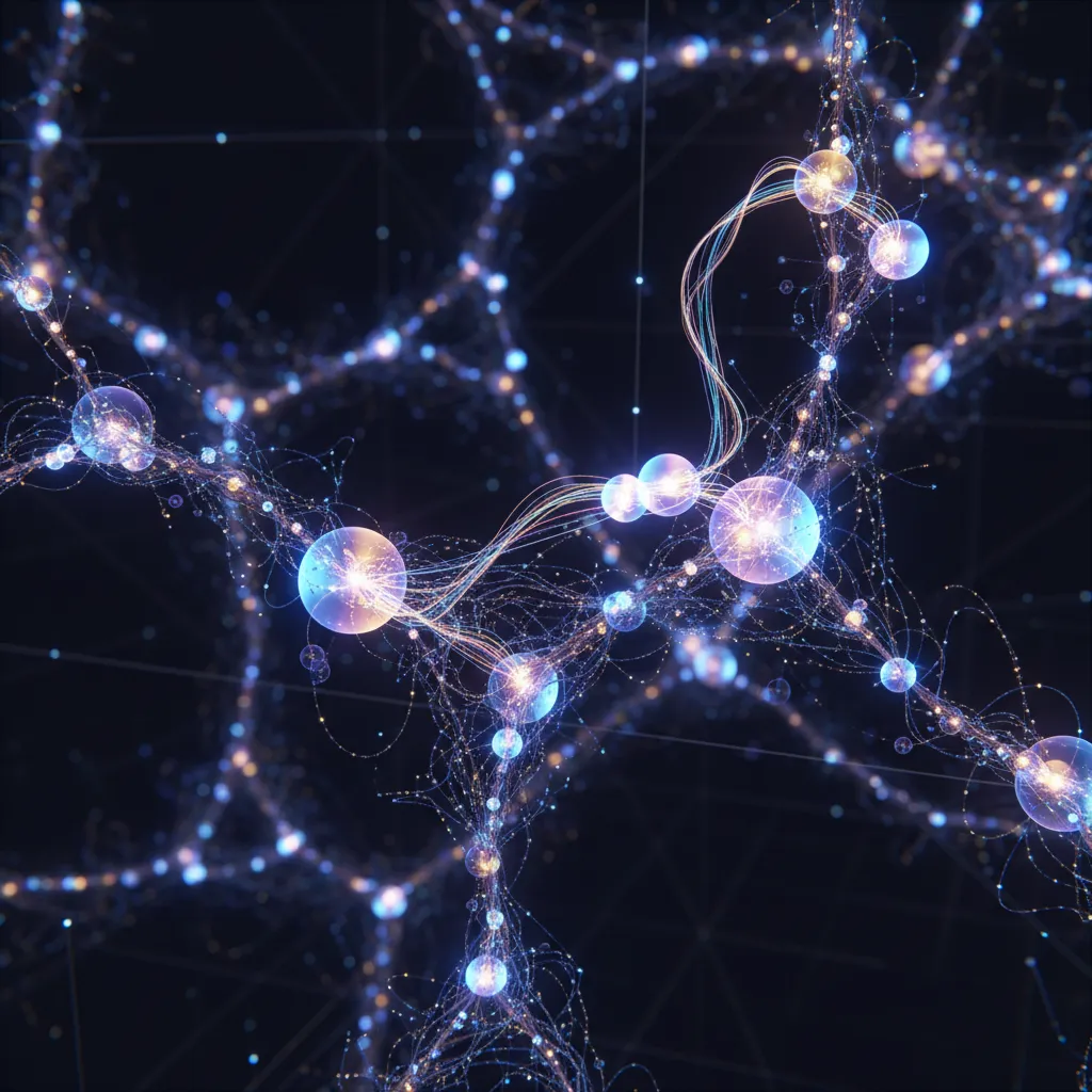 Abstract visualization of quantum entanglement within an AI neural network.