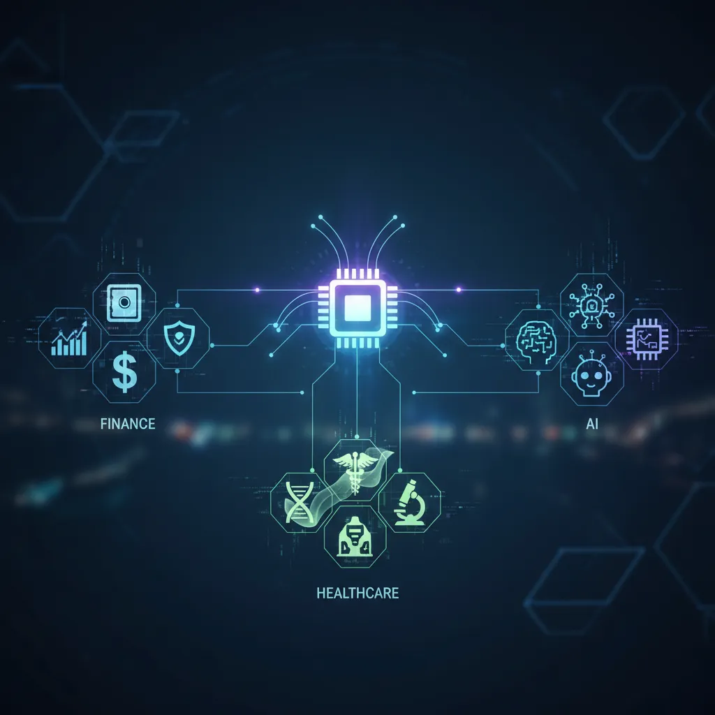 Visual representation of quantum computing's impact across multiple industries like finance, healthcare, and AI.