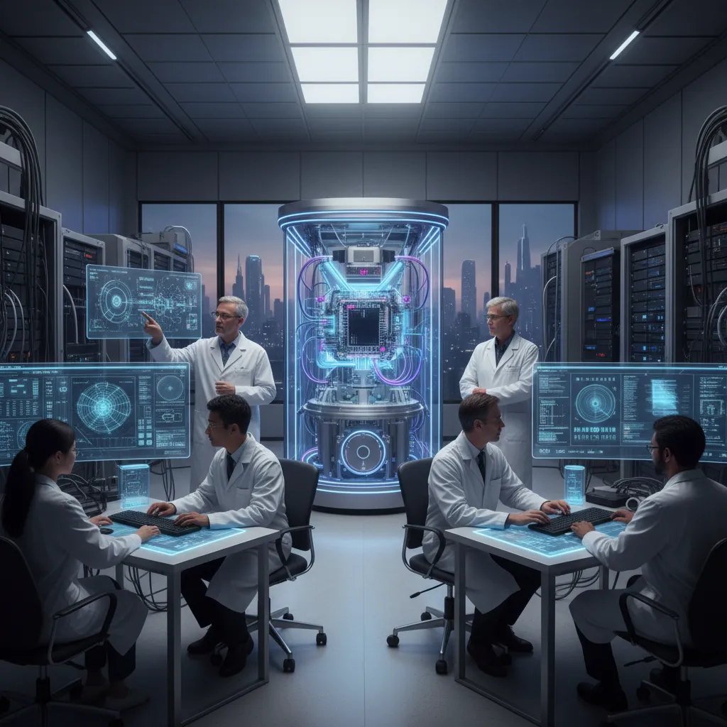 Scientists and engineers working on quantum computing research in a laboratory.