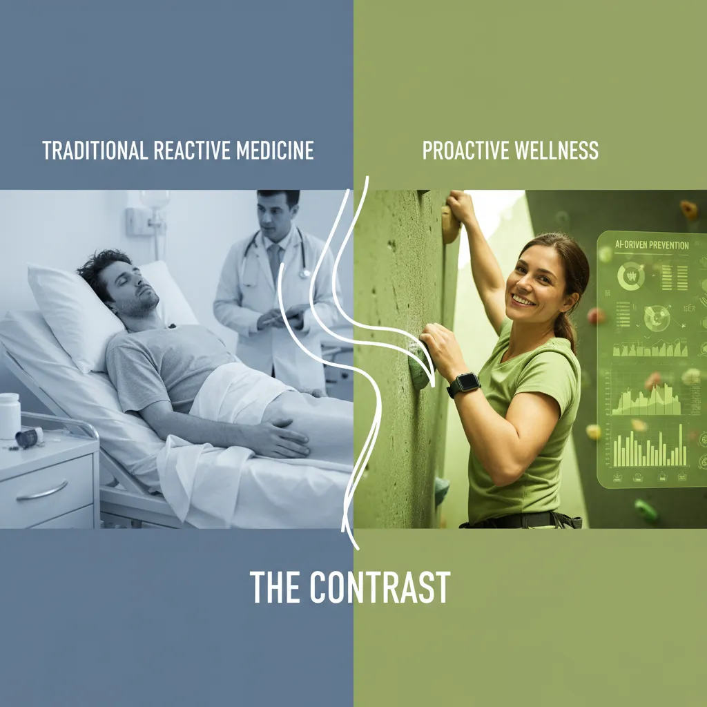 A split-screen image showing a person in a hospital bed on one side (reactive)
and a vibrant, active person hiking on the other (proactive), with AI data streams connecting to the hiker.
