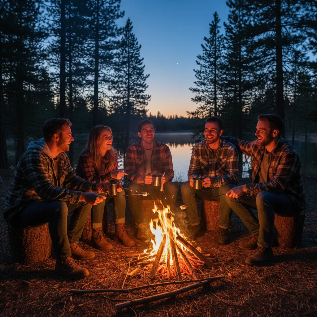 Friends enjoying a campfire, connecting offline