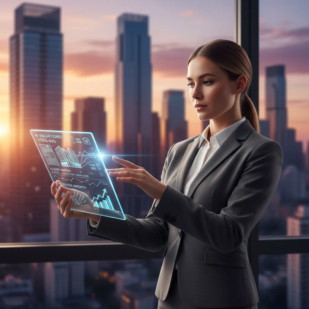 Real estate agent using an AI-powered tablet for property valuation