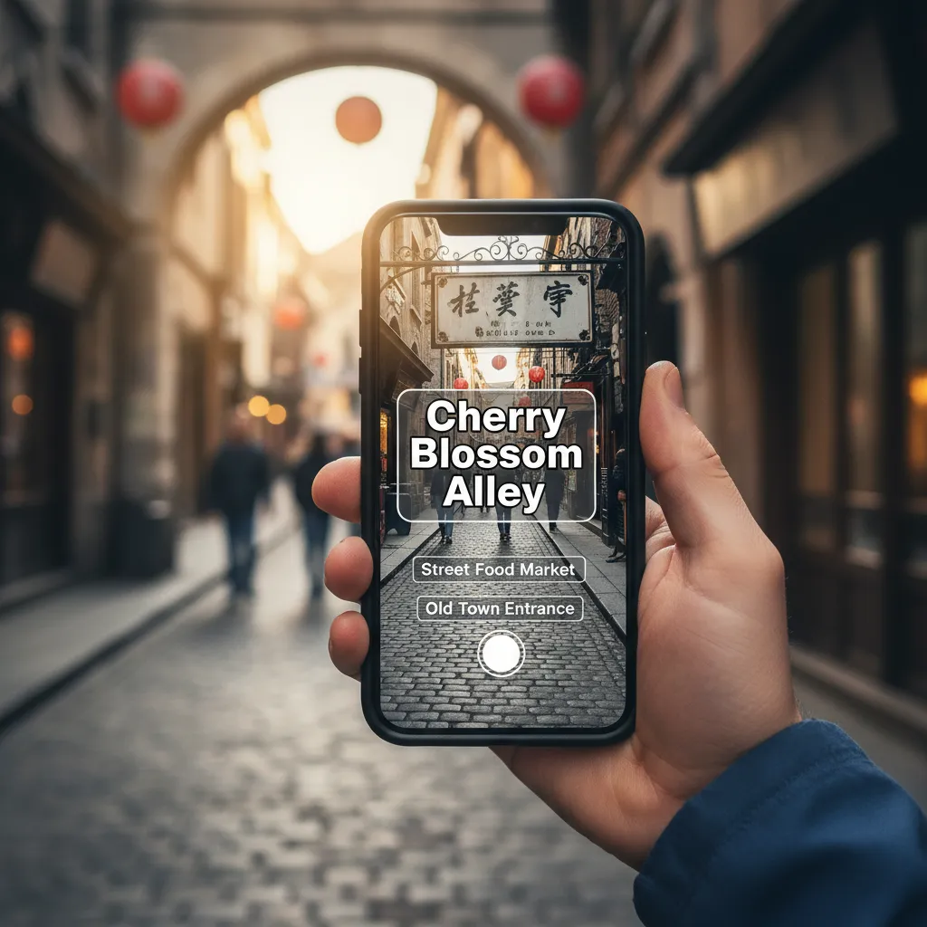 A traveler's phone using an augmented reality app to translate a foreign street sign in real-time.