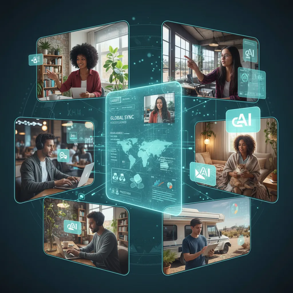 Diverse remote workers collaborating virtually with AI tools.