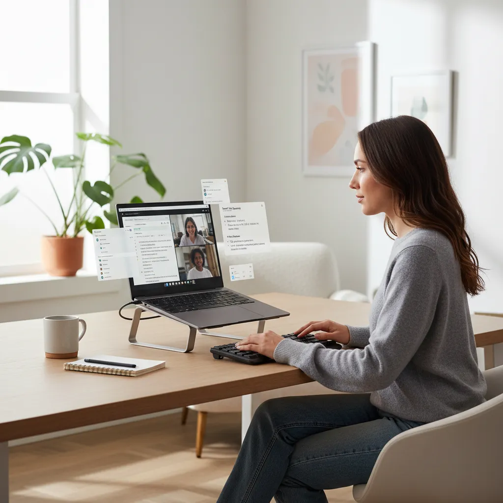 Individual working remotely with a Copilot+ AI laptop, enhanced by AI features