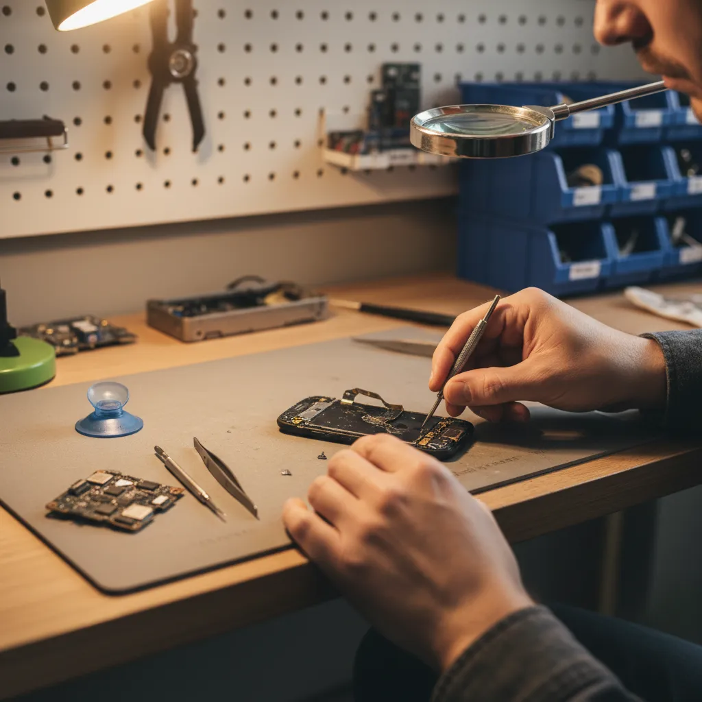 Hands repairing a broken smartphone, emphasizing repair economy