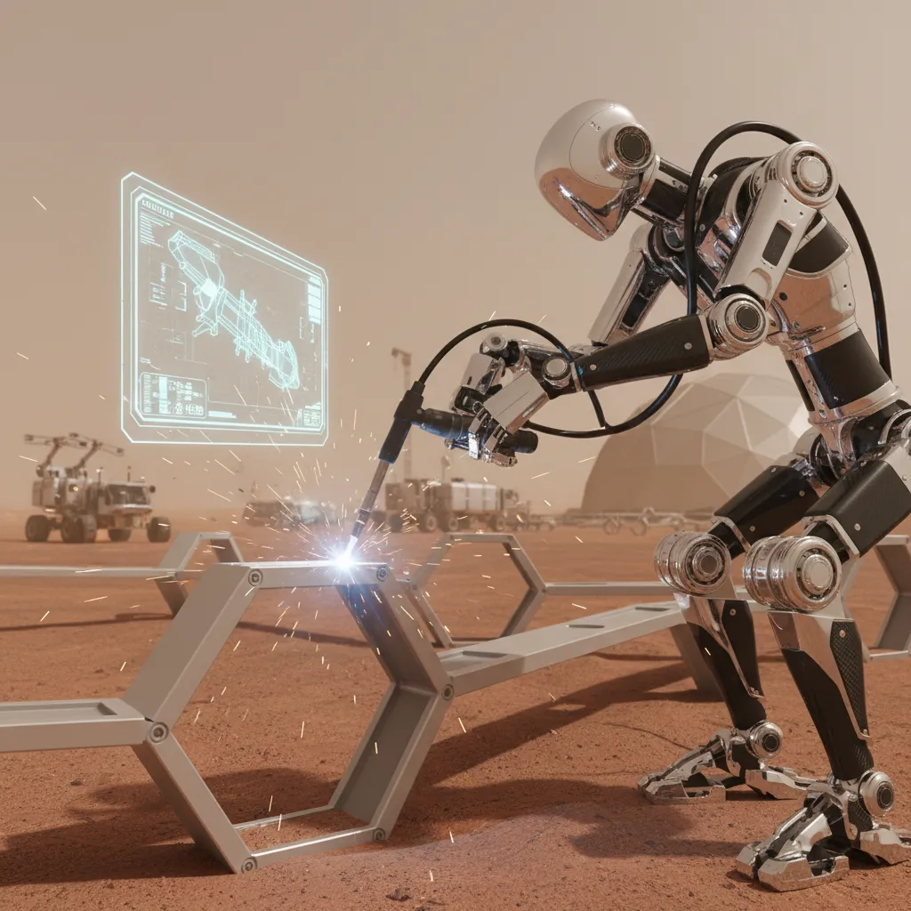AI-controlled robots 3D printing a habitat on the Martian surface.