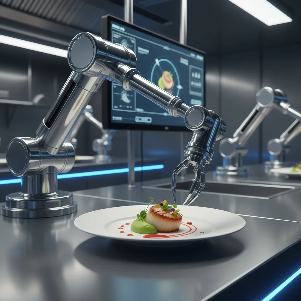 Robotic arm plating a gourmet meal