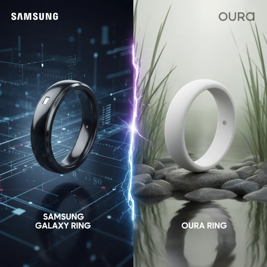 A side-by-side comparison image of the Samsung Galaxy Ring and the Oura Ring, highlighting their competitive features.