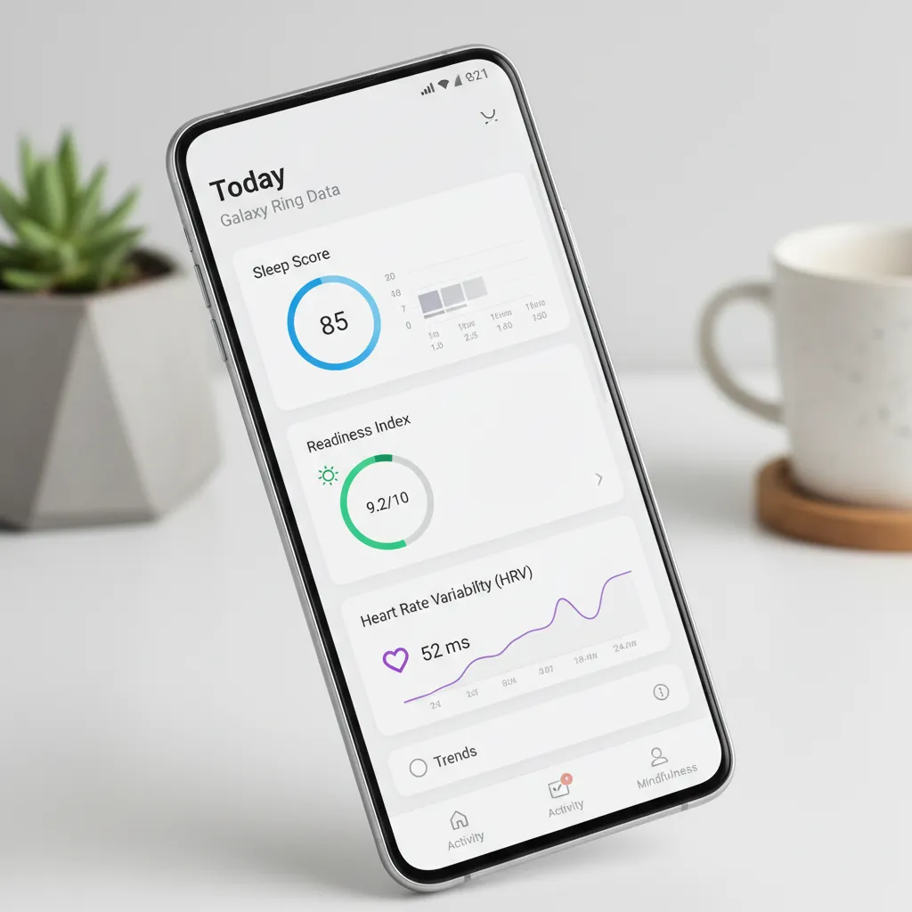 The Samsung Health app on a smartphone displaying detailed health data and charts synced from the Galaxy Ring.