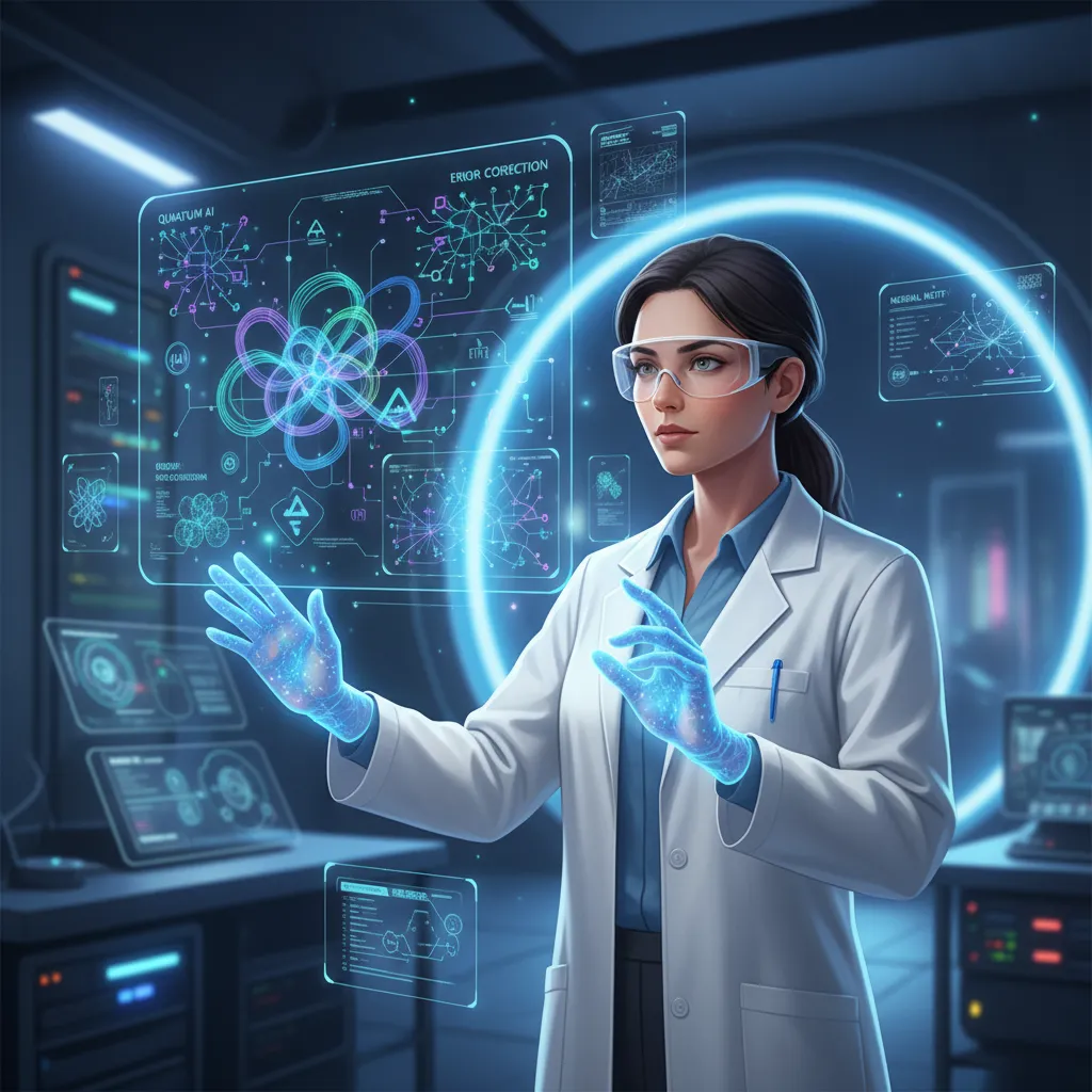 Scientist interacting with holographic quantum AI projections