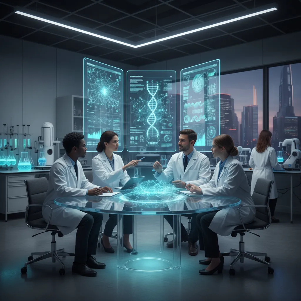 Scientists using AI for drug development in a modern lab