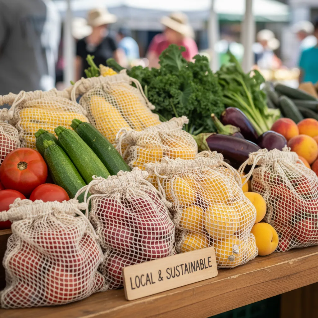 Fresh seasonal vegetables in reusable bags at a farmer's market