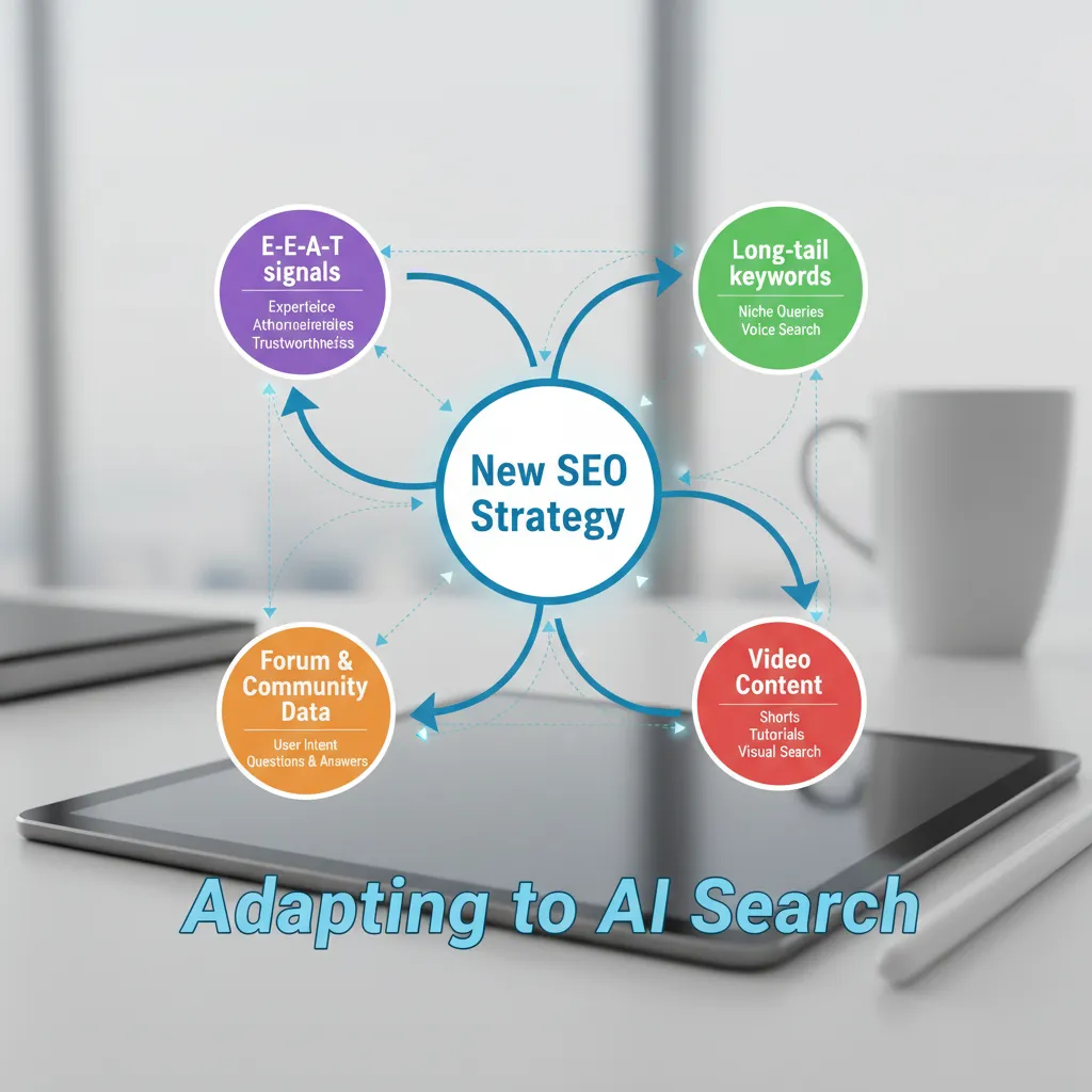 A mind map outlining the key pillars of a modern SEO strategy adapted for Google's AI-powered search results.