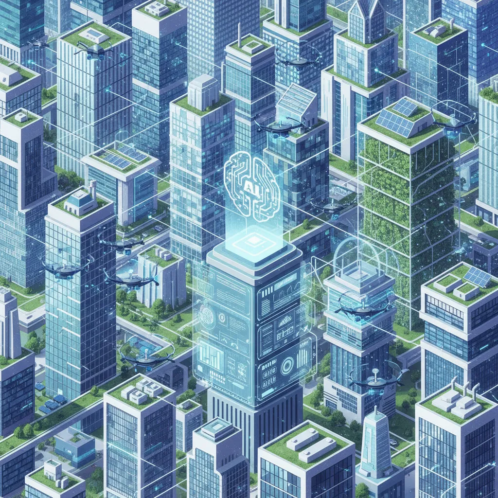 Smart city with AI-managed buildings and drones for property inspection