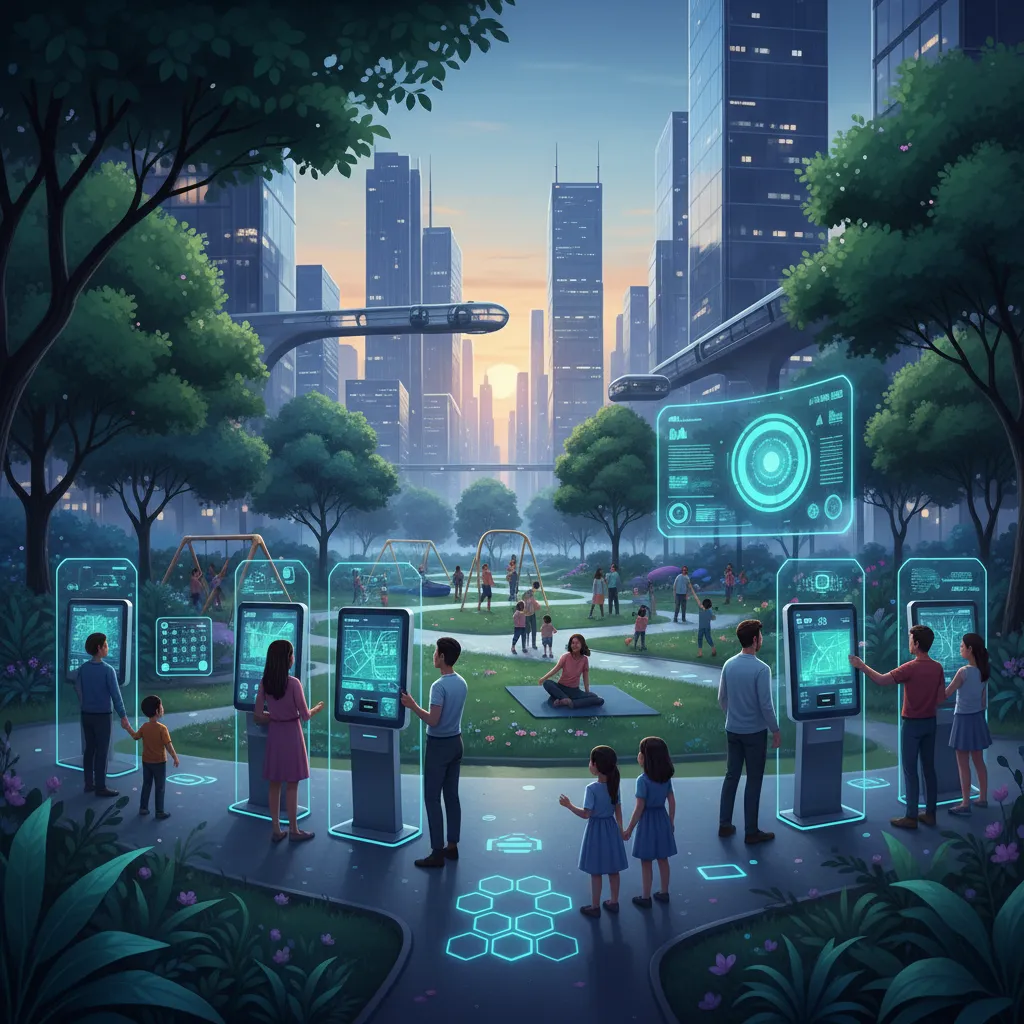 A smart city park with interactive AI kiosks and people enjoying green space, showcasing AI integration in public areas.