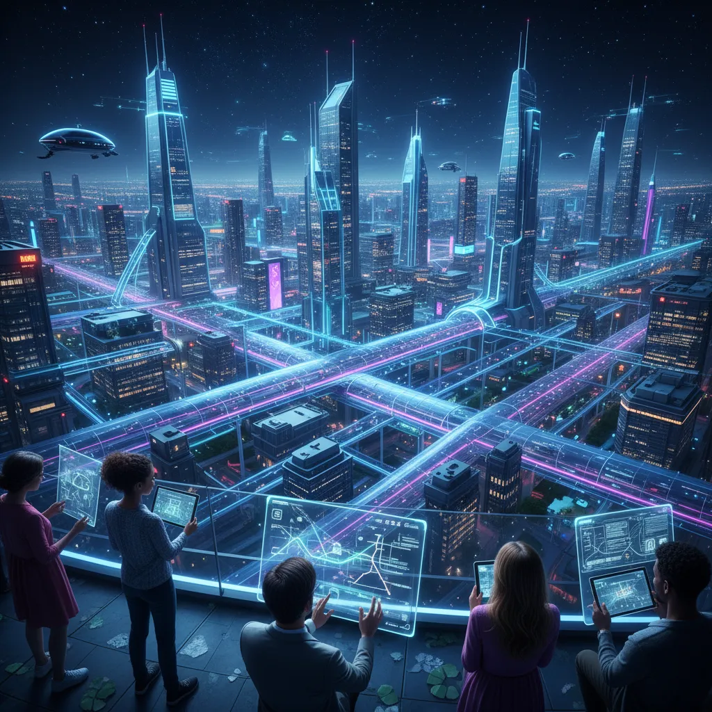 Futuristic smart city powered by quantum AI with autonomous vehicles and optimized infrastructure