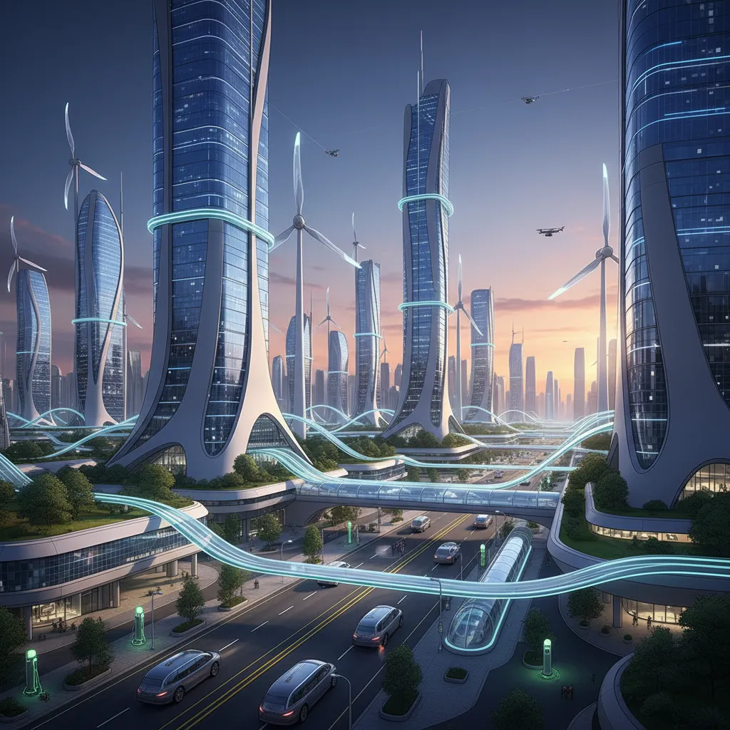 Futuristic city with solar-powered buildings, wind turbines, and EV charging, illustrating a decentralized energy grid.