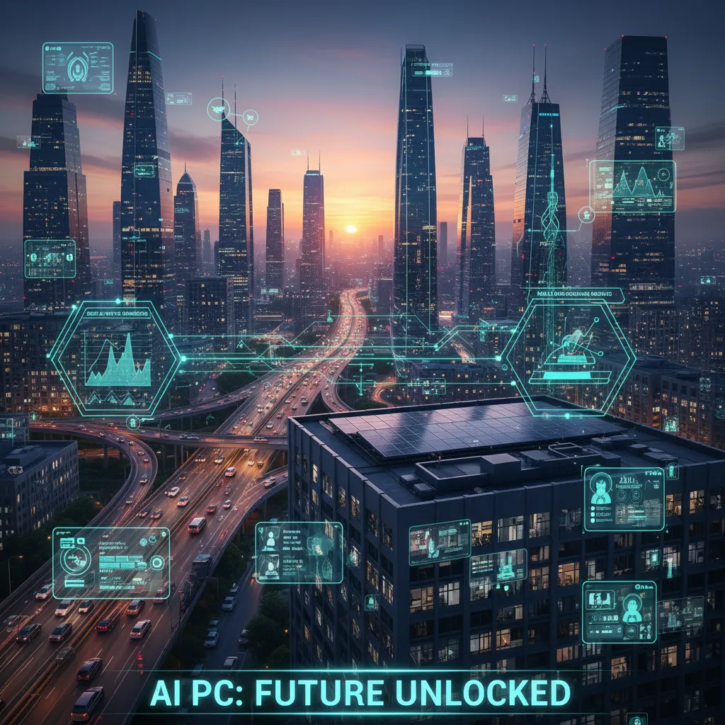 Smart city skyline with digital overlays showing AI optimization