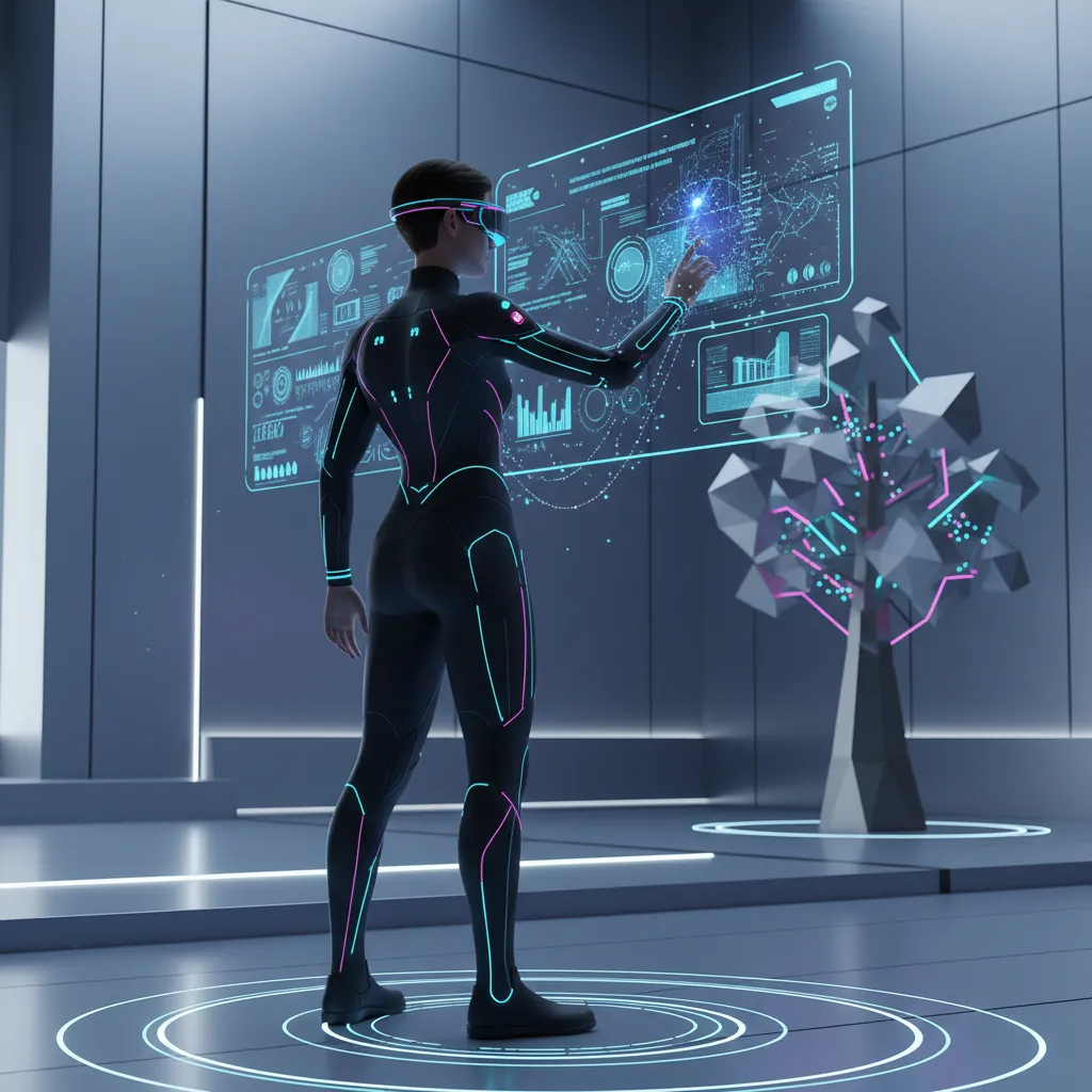 Person using augmented reality glasses with augmented reality glasses with smart clothing for futuristic interaction.