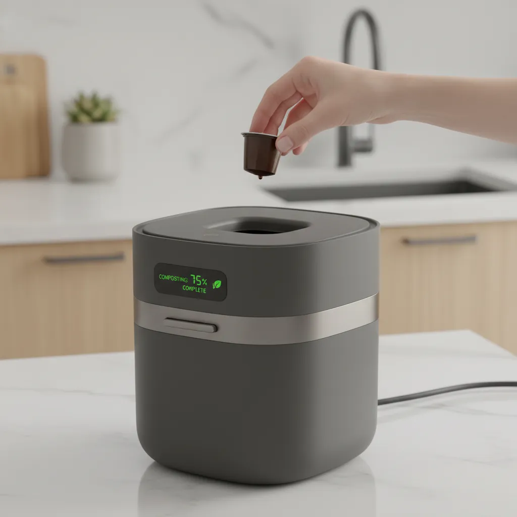 Hand placing coffee pod into a smart compost bin.