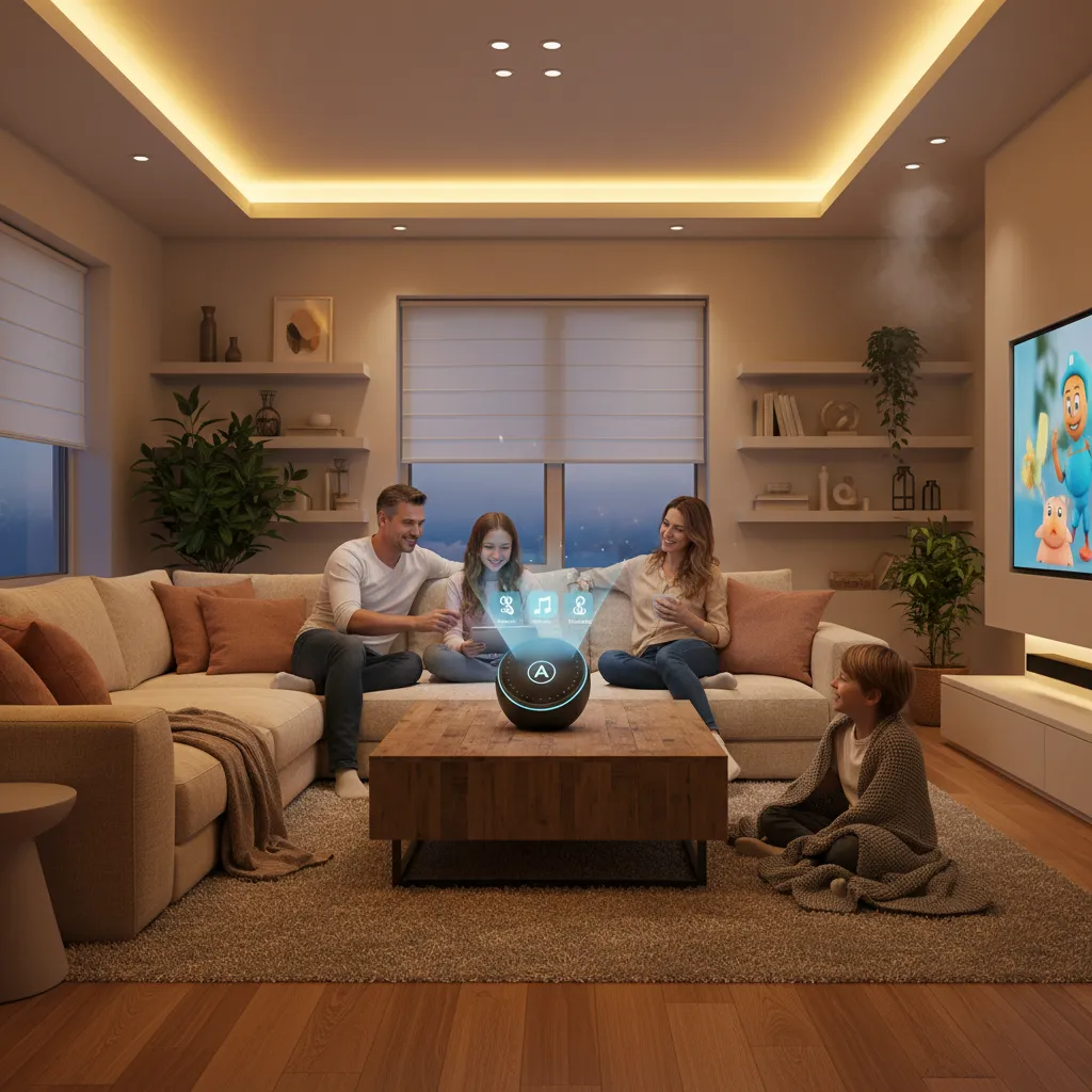Family using AI smart home hub for comfort