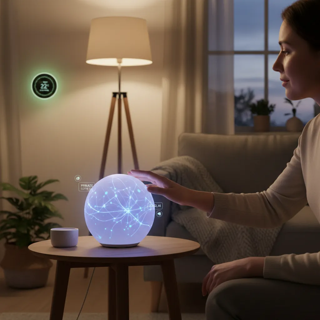 A family interacting with a smart home hub, with icons showing how small language models power various connected devices.
