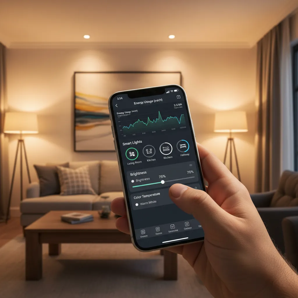 A person using a smartphone app to control smart LED lights, showing energy savings.