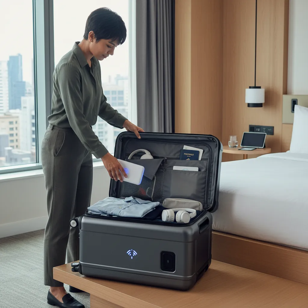 Individual packing a smart suitcase with AI device and organized essentials