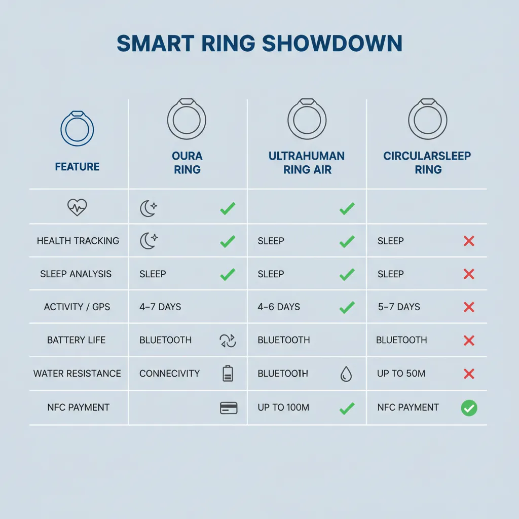 Infographic comparing smart ring features like battery, sensors, and tracking capabilities.