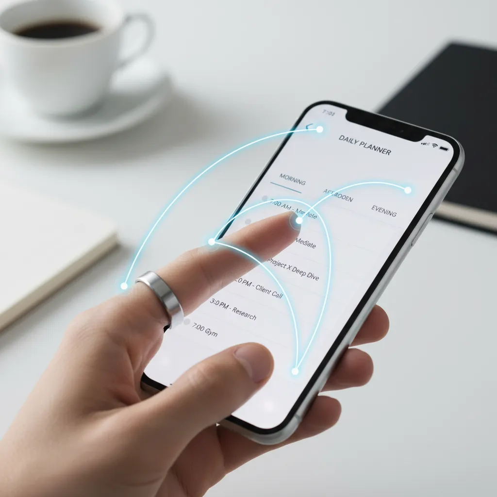 Smart ring interacting with a smartphone to display productivity metrics and schedule.