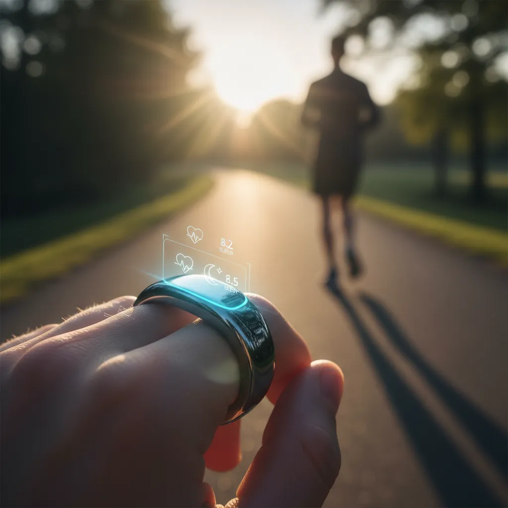 A smart ring on a finger displaying health metrics.