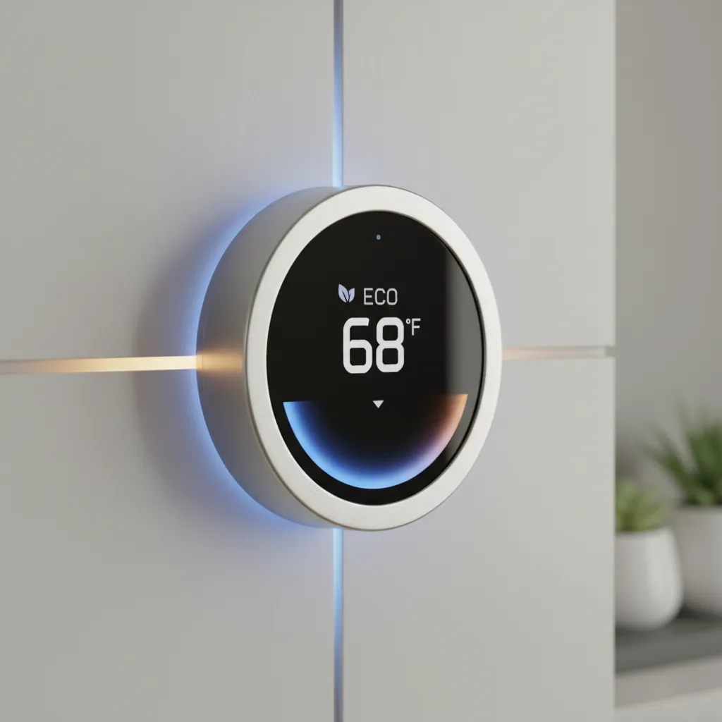 A modern smart thermostat displaying energy savings in a home.