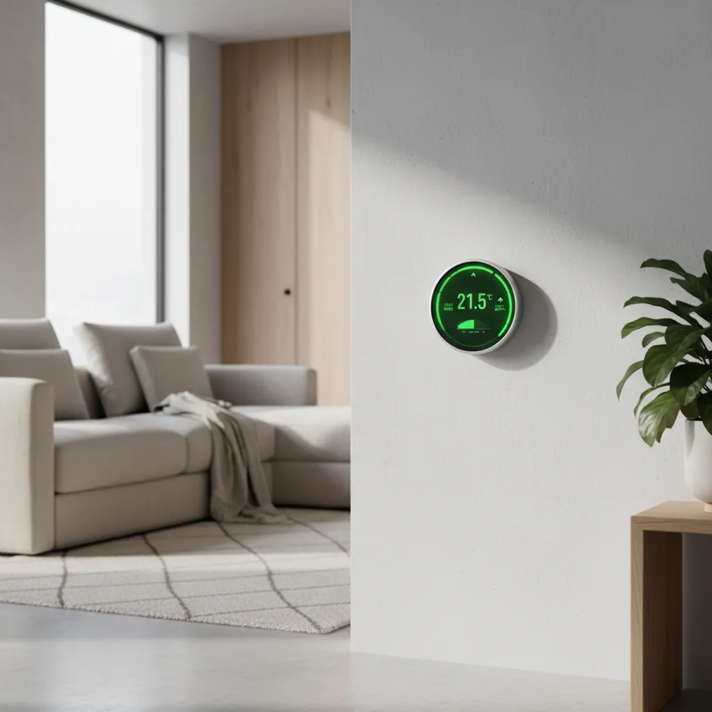 An AI smart thermostat on a living room wall displays energy savings and adjusts the temperature based on occupancy.