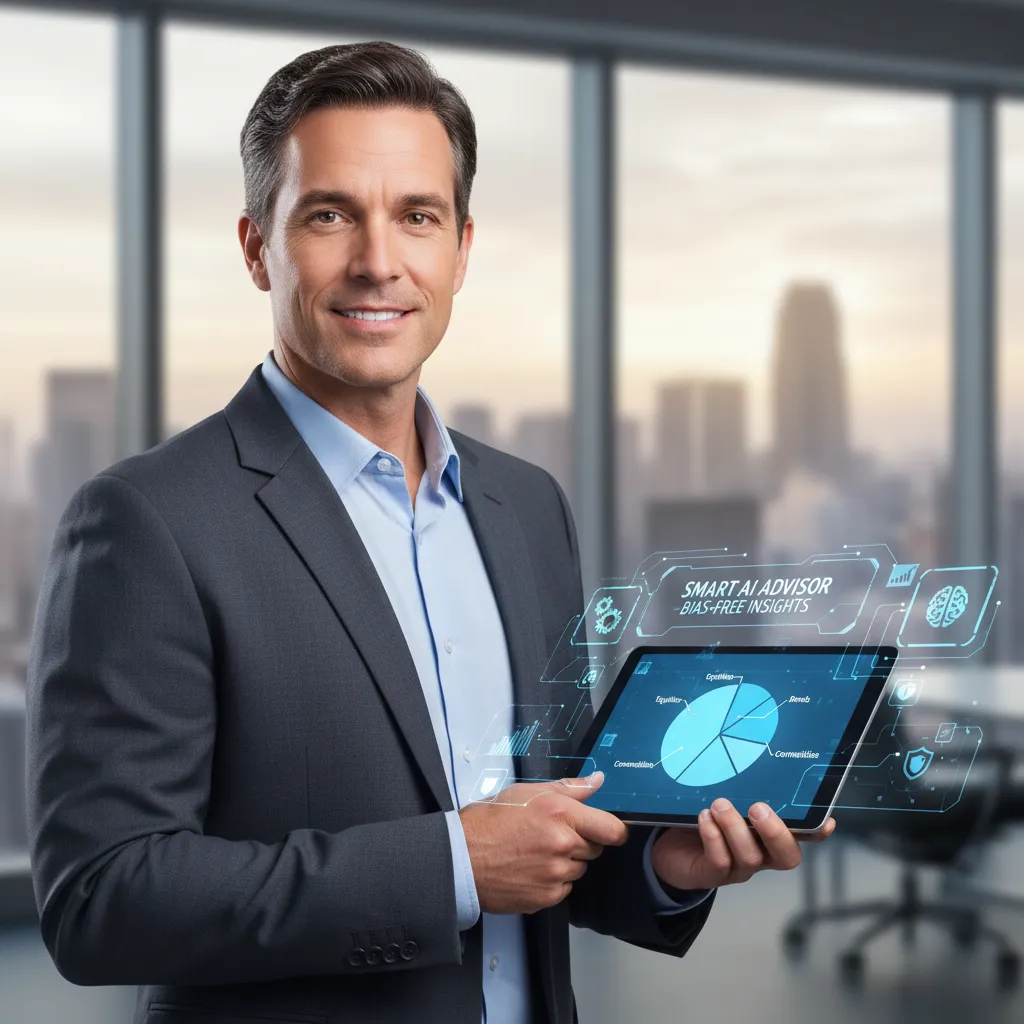 Confident investor reviewing portfolio on tablet with AI insights, implying bias-free decisions.