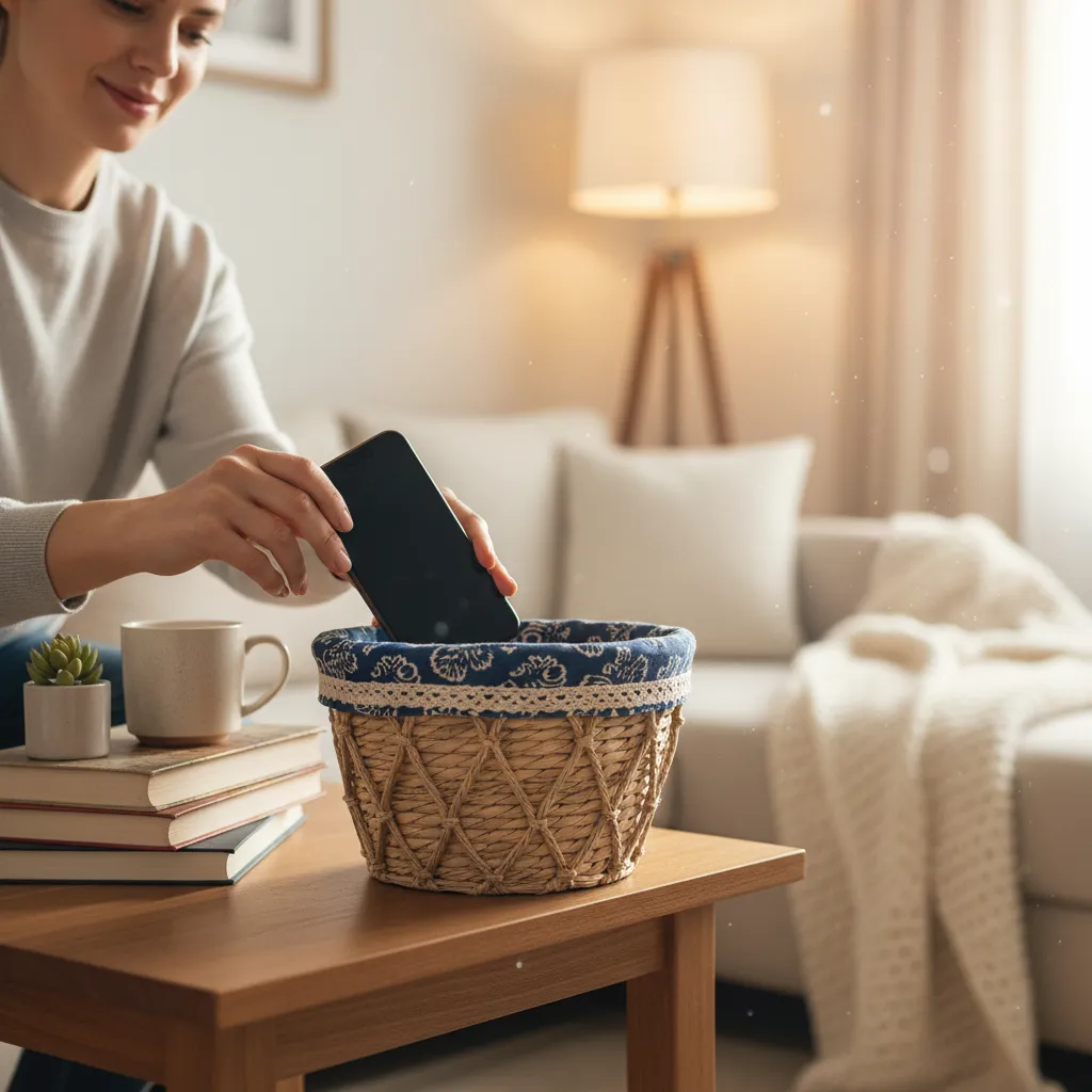 A person placing their smartphone into a decorative basket on a side table, symbolizing a digital detox at home.