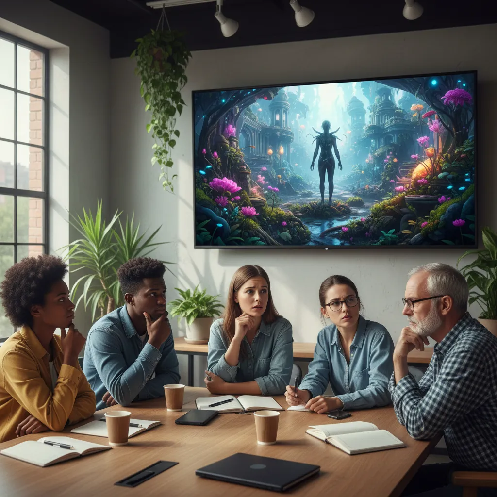 Group discussing AI-generated content with varied expressions