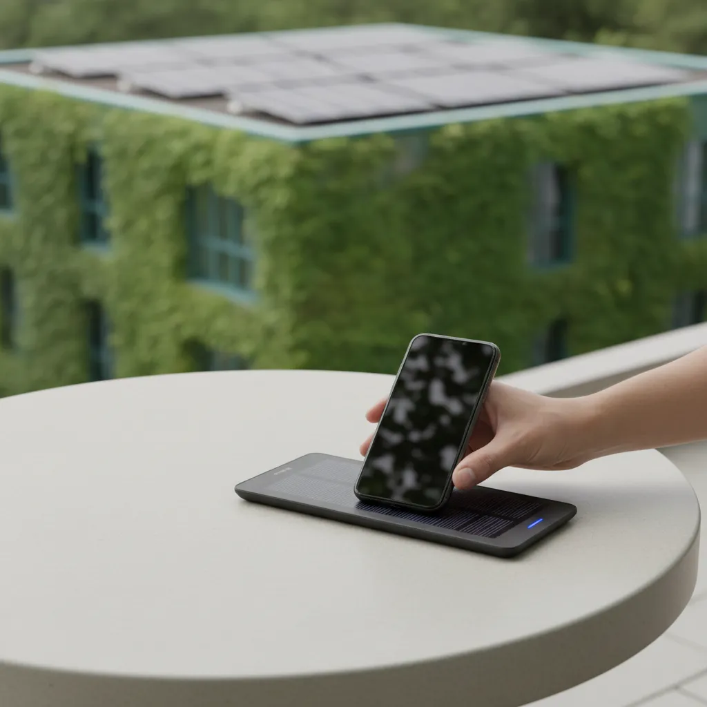 Hand placing phone on solar charger with green building in background