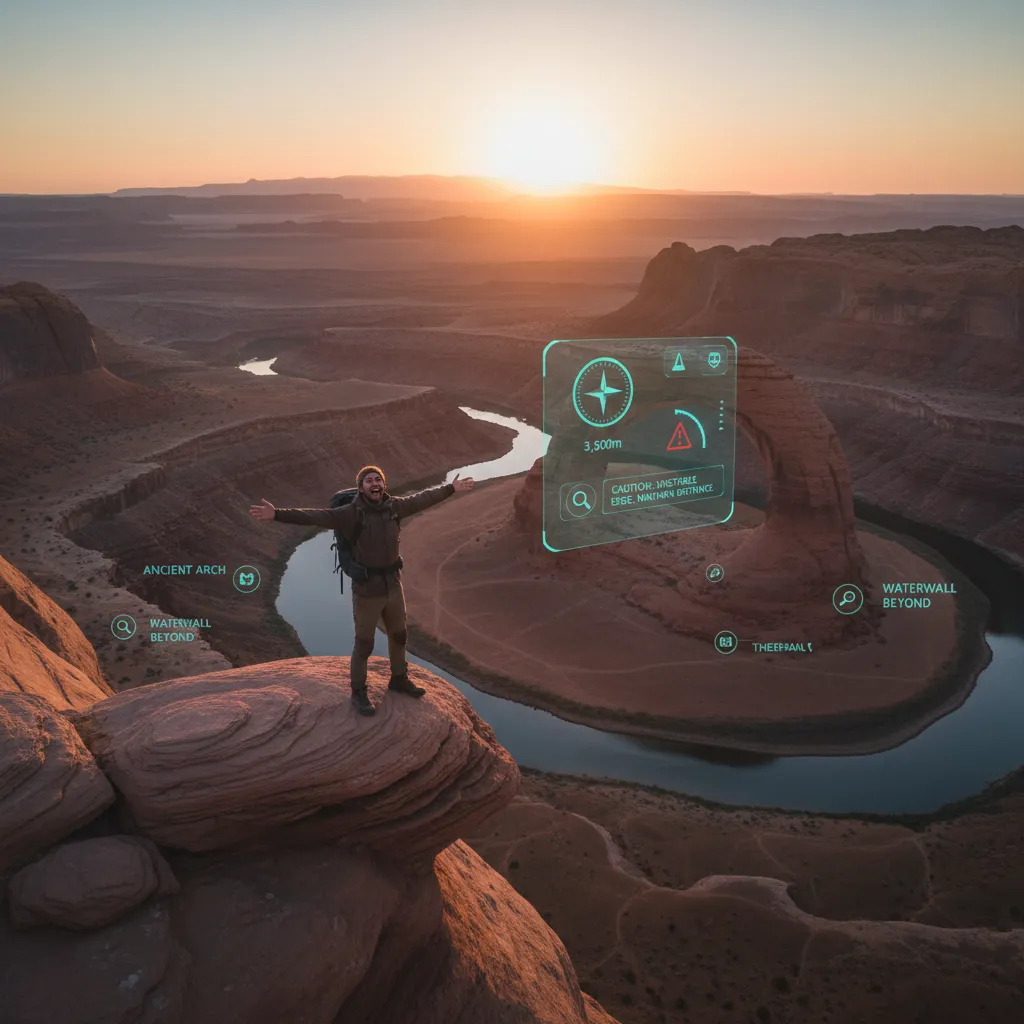 Aerial view of solo traveler on a cliff edge with AI interface indicating points of interest and safety